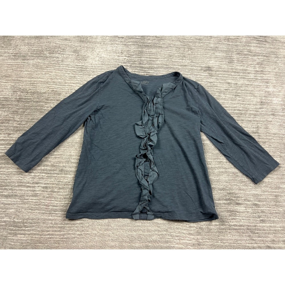 Loft Top Womens Large Gray Ruffle Front 3/4 Sleeve Slub Knit Cotton Casual
